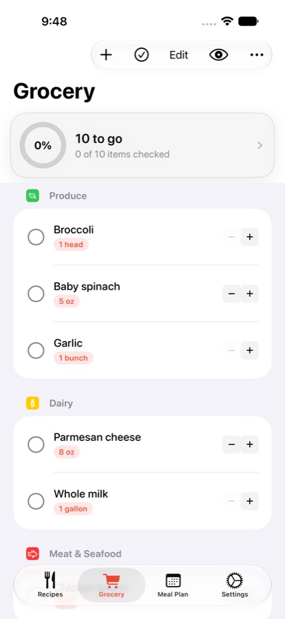 A MiseTable grocery list grouped into Produce, Dairy and Meat & Seafood.
