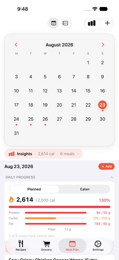 The MiseTable meal plan calendar with a daily calorie and macro breakdown.